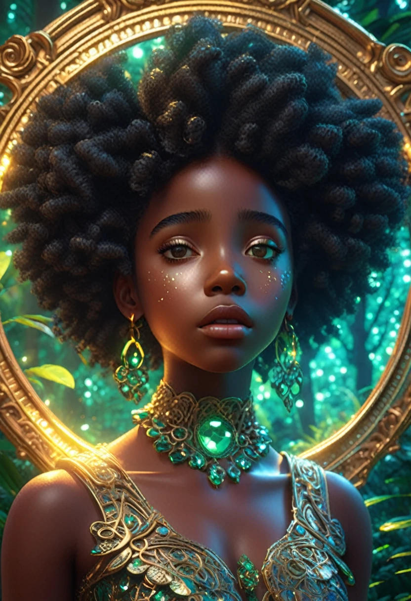 A stunning 3D render of surrealism art set against a lush, emerald forest backdrop, where dappled sunlight filters through dense foliage. One black young girl, her afro-puffs adorned with twinkling beads, gazes in awe at a majestic, mature black woman reflected in a gilded, ornate mirror. Exaggerated facial features, intricate skin textures, and vibrant, neon colors create a dreamlike atmosphere, amplified by a dramatic ring light. Rendered using Unreal Engine, Octane Engine, and V-Ray, this cinematic scene embodies the whimsy and fantasy of Pixar-esque animation.