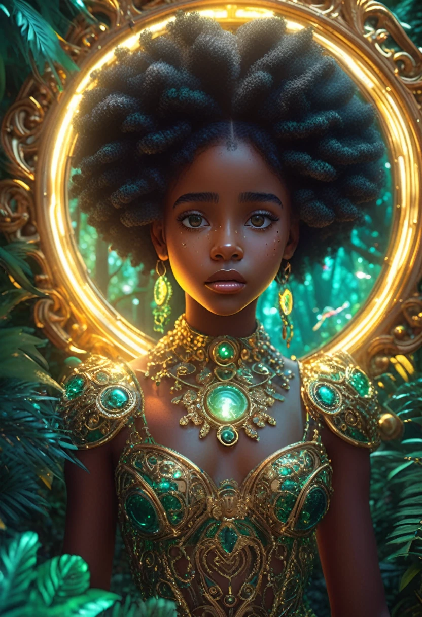 A stunning 3D render of surrealism art set against a lush, emerald forest backdrop, where dappled sunlight filters through dense foliage. One black young girl, her afro-puffs adorned with twinkling beads, gazes in awe at a majestic, mature black woman reflected in a gilded, ornate mirror. Exaggerated facial features, intricate skin textures, and vibrant, neon colors create a dreamlike atmosphere, amplified by a dramatic ring light. Rendered using Unreal Engine, Octane Engine, and V-Ray, this cinematic scene embodies the whimsy and fantasy of Pixar-esque animation.