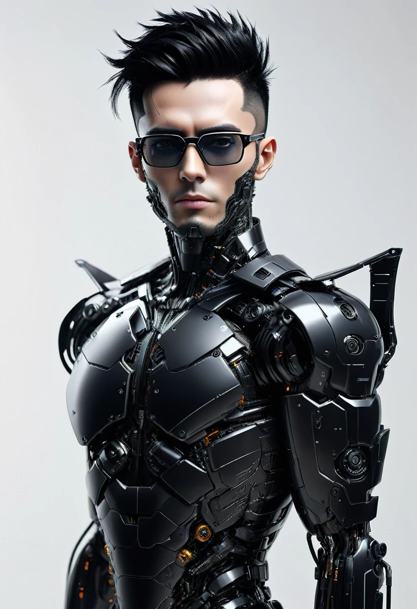 Male robot body hair with black-rimmed glasses with undercut hair, Look to the camera ::futuristic cyberpunk style ,realistic styling ::n_digital painting style, robotic parts, face perfect::seed 1、Black Edged Hair、large nose、Black-based clothing, photo by full body, White background