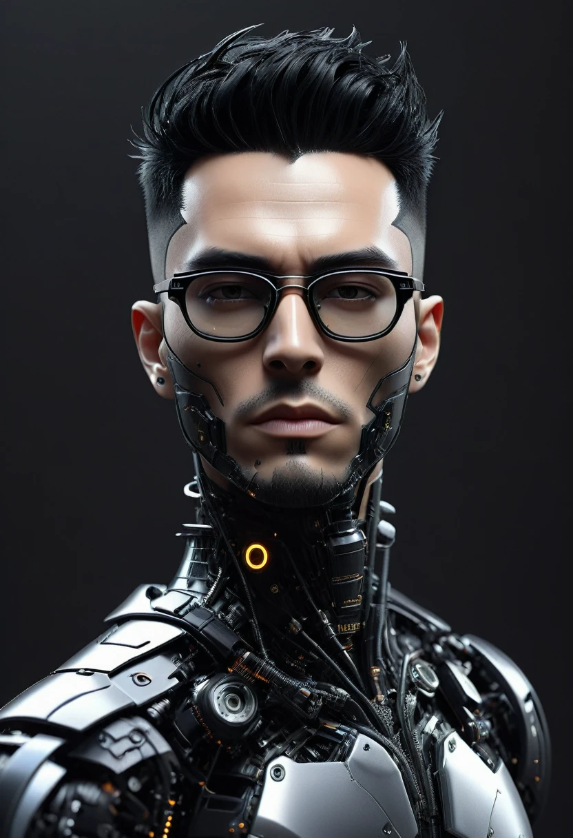 Male robot body hair with black-rimmed glasses with undercut hair, Look to the camera ::futuristic cyberpunk style ,realistic styling ::n_digital painting style, robotic parts, face perfect::seed 1、Black Edged Hair、large nose、Black-based clothing, photo by full body, White background