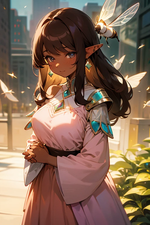 elf dark skin shoulder-length brown hair with straight bangs, chubby complexion dressed in romantic pastel colored dress with piercings in her ears and a heart crystal in her hands with bees around in the city 