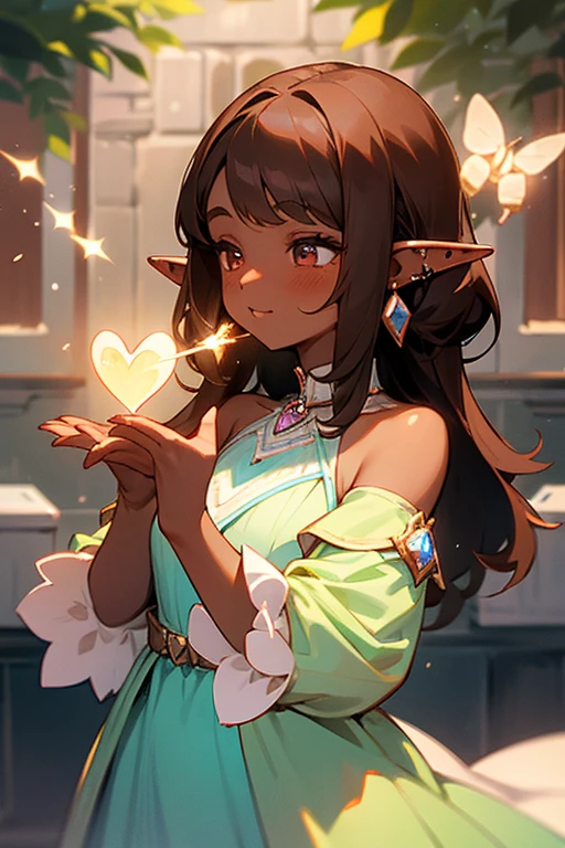 elf dark skin shoulder-length brown hair with straight bangs, chubby complexion dressed in romantic pastel colored dress with piercings in her ears and a heart crystal in her hands with bees around in the city 