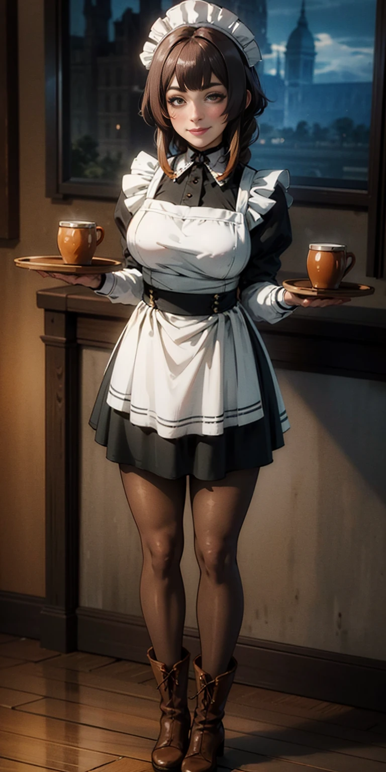full body standing straight symmetrical, lustful smirking smile face red blush red cheeks, looking at viewer, holding tray, braid, maid headdress, maid, dress, apron, long sleeves, brown pantyhose, long leather militar boots, thighs, long white hair, masterpiece