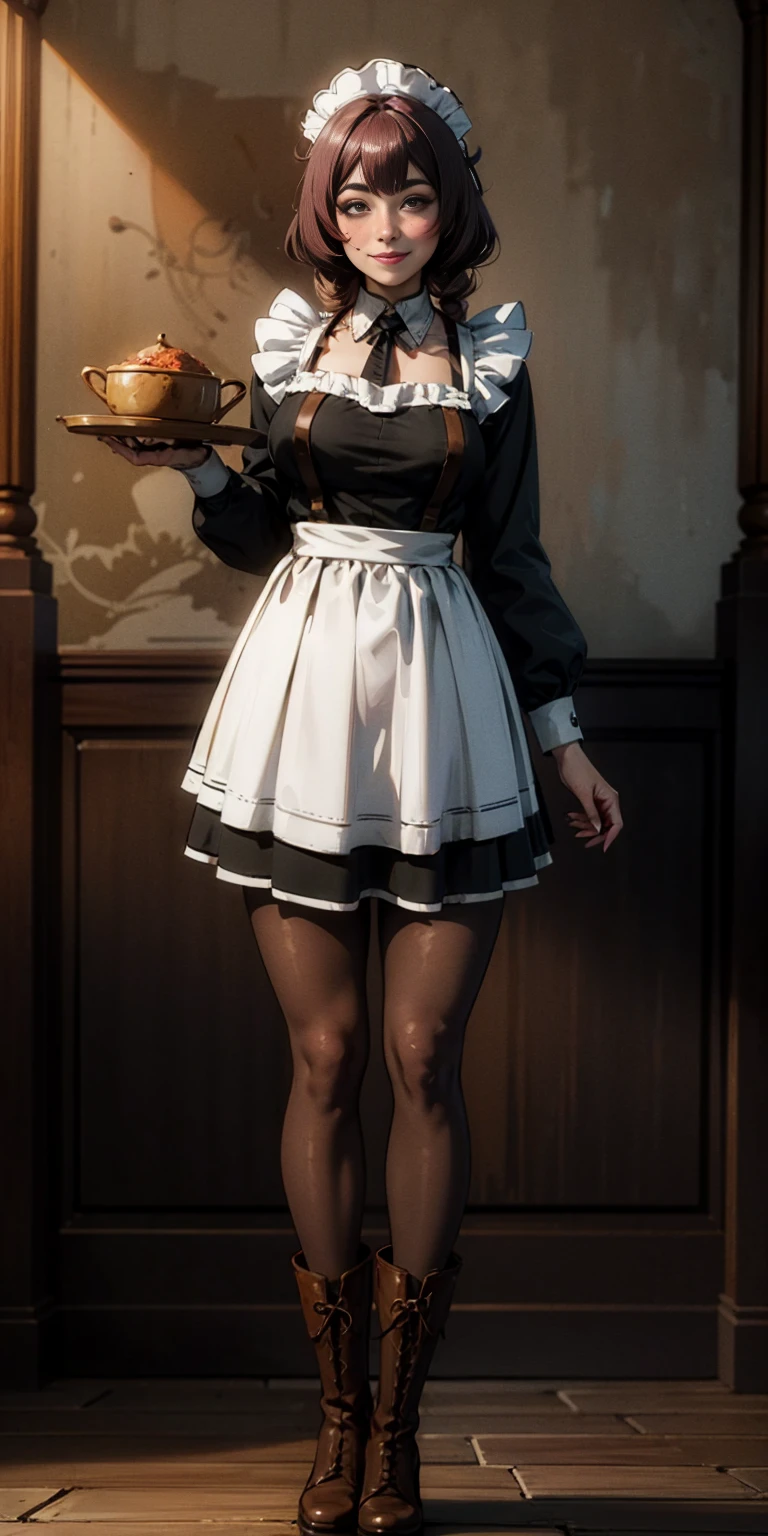 full body standing straight symmetrical, lustful smirking smile face red blush red cheeks, looking at viewer, holding tray, braid, maid headdress, maid, dress, apron, long sleeves, brown pantyhose, long leather militar boots, thighs, long white hair, masterpiece