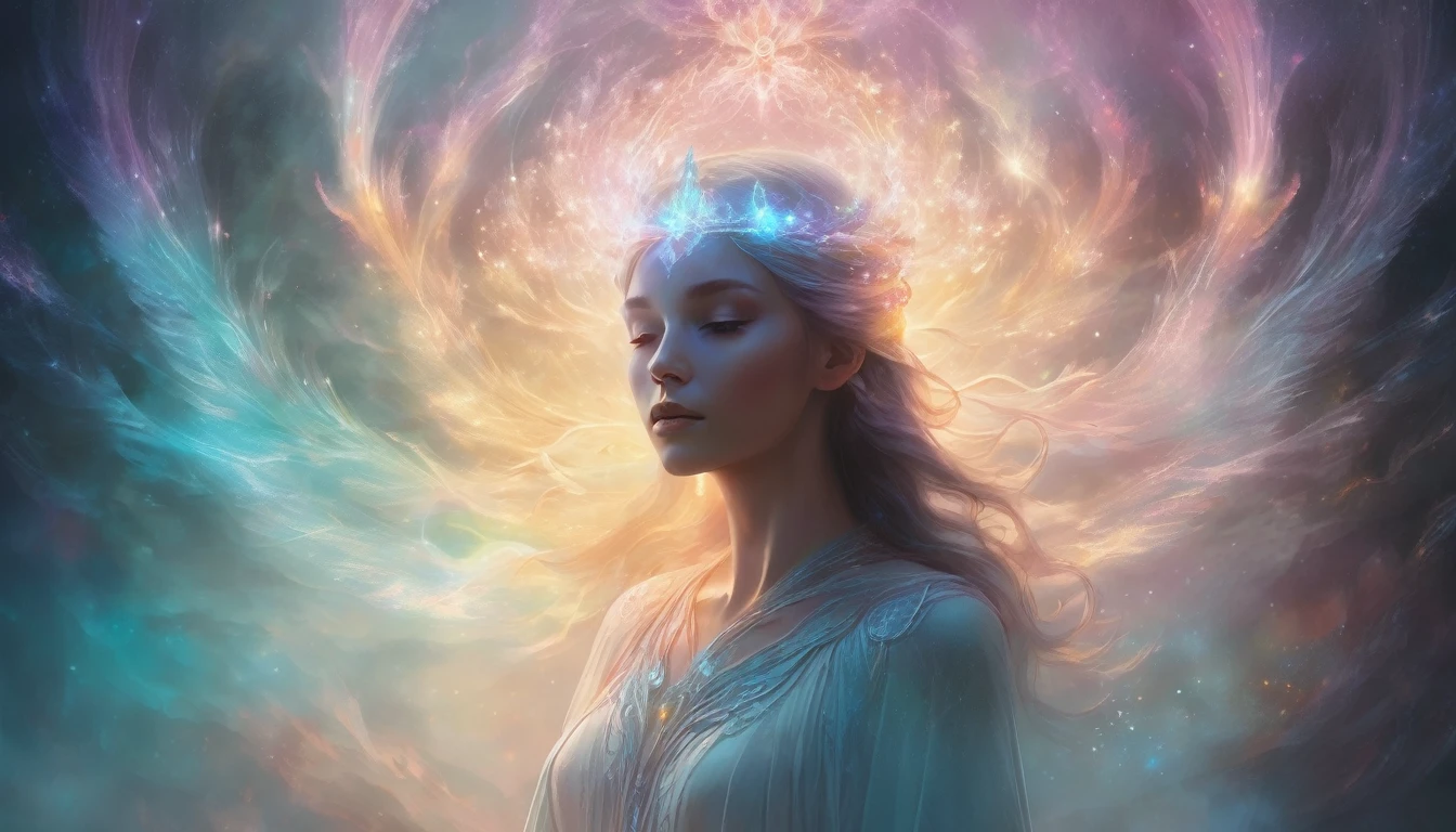 Ethereal figure with glowing aura, surrounded by whispering spirits, mystical atmosphere, soft lighting, dreamy color palette, digital art style, highly detailed