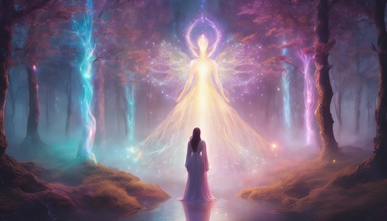 Ethereal figure with glowing aura, surrounded by whispering spirits, mystical atmosphere, soft lighting, dreamy color palette, digital art style, highly detailed