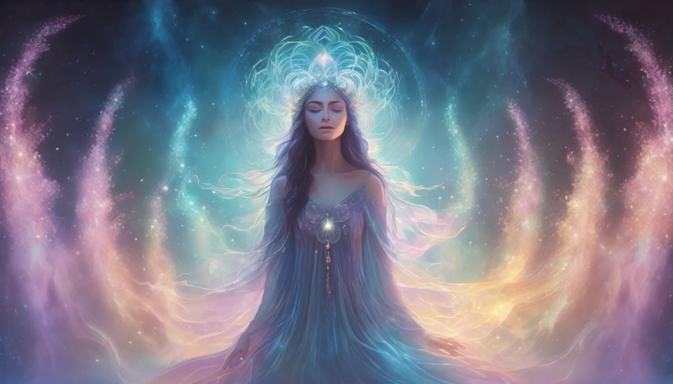 Ethereal figure with glowing aura, surrounded by whispering spirits, mystical atmosphere, soft lighting, dreamy color palette, digital art style, highly detailed