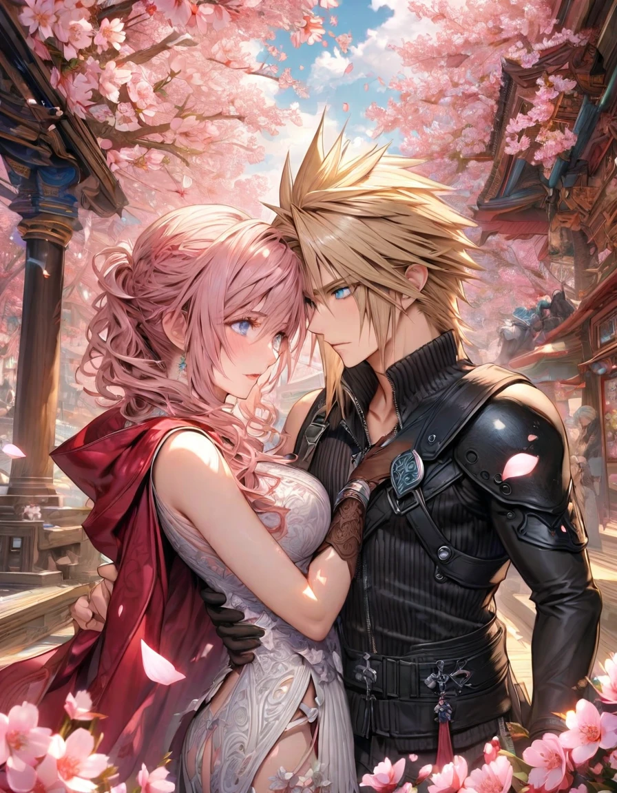 Ultra detailed, HDR, Highres, absurdres, master piece, Claire Farron, wavy pink short hair, expressive aqua pale eyes, Lightning Farron, Final Fantasy XIII, Cloud Strife, blond hair, expressive blue eyes, Final Fantasy VII (Advent Children), a beautiful woman together with a handsome man, couple, love, fantasy, magical, white feathers, pink petals, best quality, white and black clothes with patterns, red cape, blossoms, pink flowers, cherry blossoms