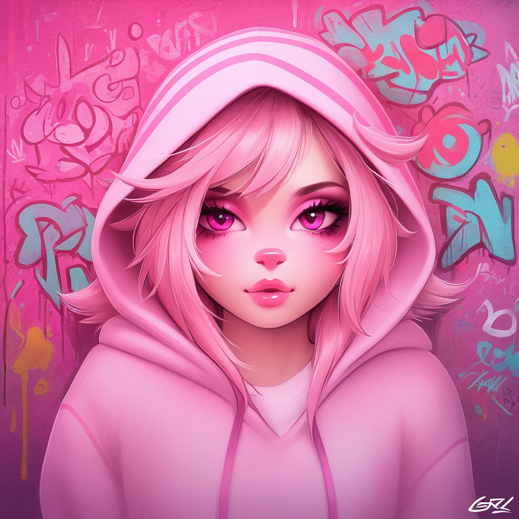 all is soft shades of pink in graffiti portrait art style