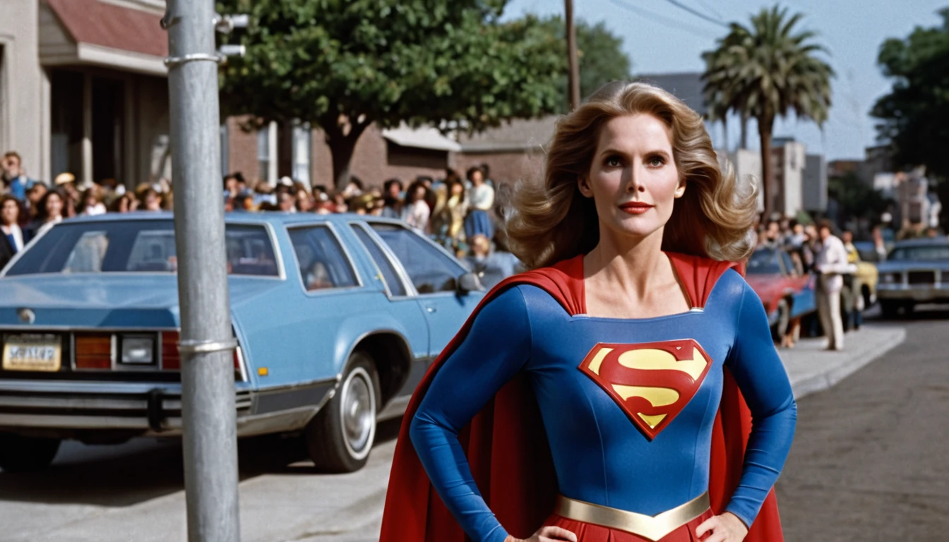 Julie Hagerty Supergirl 1984s movie costume; HD. Photograph, ((realism)), extremely high quality RAW photograph, ultra detailed photograph, sharp focus, high resolution, (detailed skin:1,3),high quality, film grain, Fujifilm XT3,Highly Detailed, movie, (Cinematic Photo:1.3) of (Realistic:1.3)