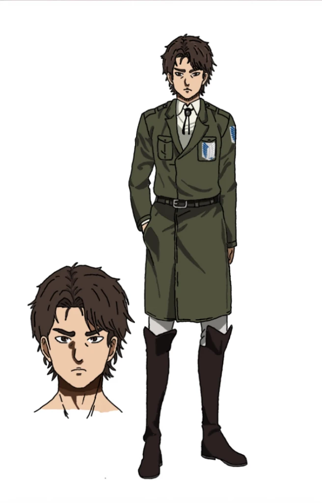 young man , mappa art style, round-shaped face, small almond-shaped brown eyes with positive canthal tilt ,brown hair , his hair is medium styled, he is fair, he looks very young, sharp jawline, he is wearing scout jacket 