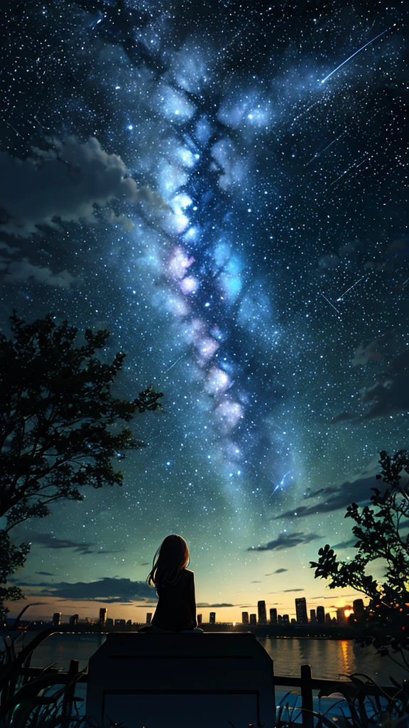 octans, sky, star (sky), scenery, starry sky, night, 1girl, night sky, solo, outdoors, building, cloud, milky way, sitting, tree, long hair, city, silhouette, cityscape, day time