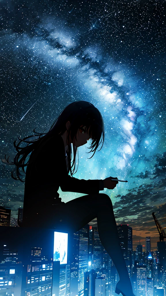 octans, sky, star (sky), scenery, starry sky, night, 1girl, night sky, solo, outdoors, building, cloud, milky way, sitting, tree, long hair, city, silhouette, cityscape, day time