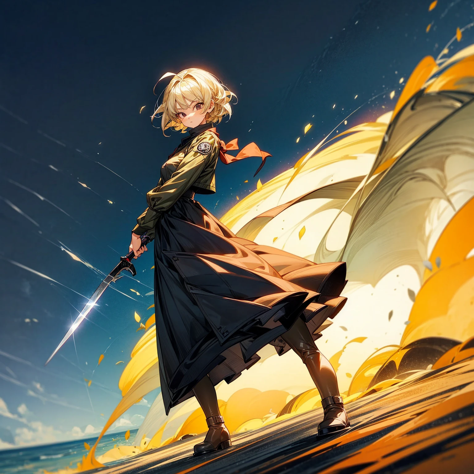 1girl, Full body version, 1character, girl version, black eyes color, bob Curly haircut, blonde colour hair, army style clothing, long skirt, long boots, knife in hand, Grassroots, background in beach, motion blur, (dragon ball style art), standing gesture, (high angle view) 