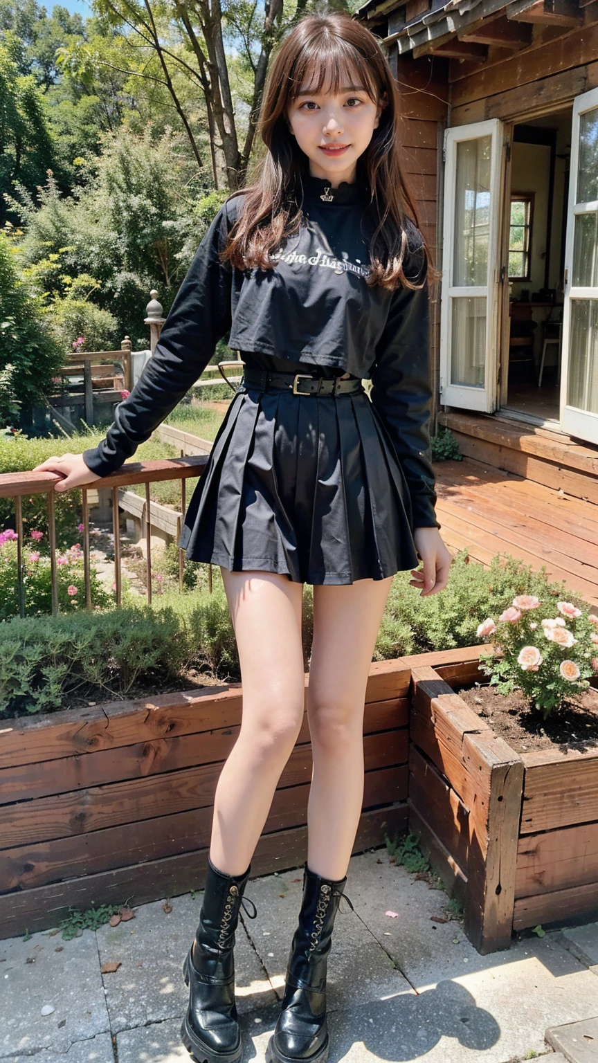 (8K、RAW Photos、Highest quality、masterpiece:1.2)、(Highest quality、Realistic)、1 Girl、((smile、Light blue and black、Thin legs、whole body、boots、garden、View from the front、Looking into the camera、upright))、cute