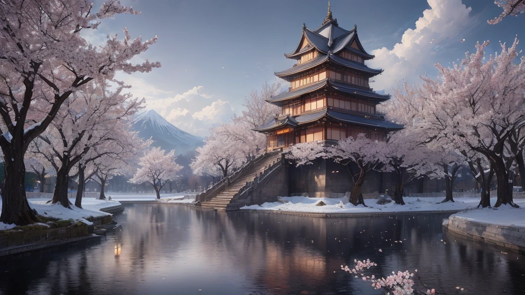 masterpiece, Highest quality, (Highly detailed CG Unity 8k wallpaper), (Highest quality), (Best illustrations), (Best Shadow), Absurd, Realistic lighting, (abyss), Beautiful sparkle, art:PeterMohrBacher, cherry blossoms Japanese Castle