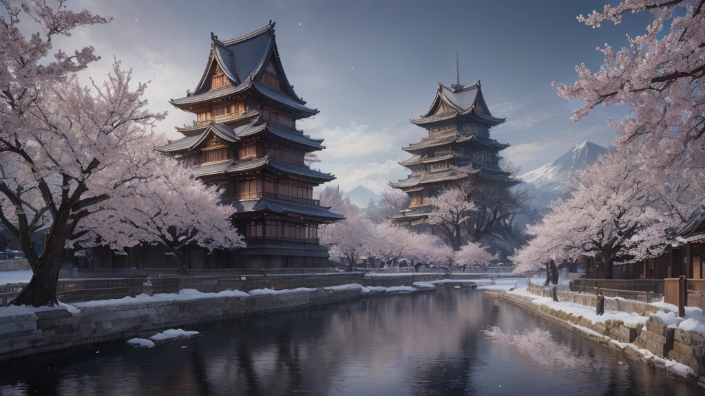 masterpiece, Highest quality, (Highly detailed CG Unity 8k wallpaper), (Highest quality), (Best illustrations), (Best Shadow), Absurd, Realistic lighting, (abyss), Beautiful sparkle, art:PeterMohrBacher, cherry blossoms Japanese Castle