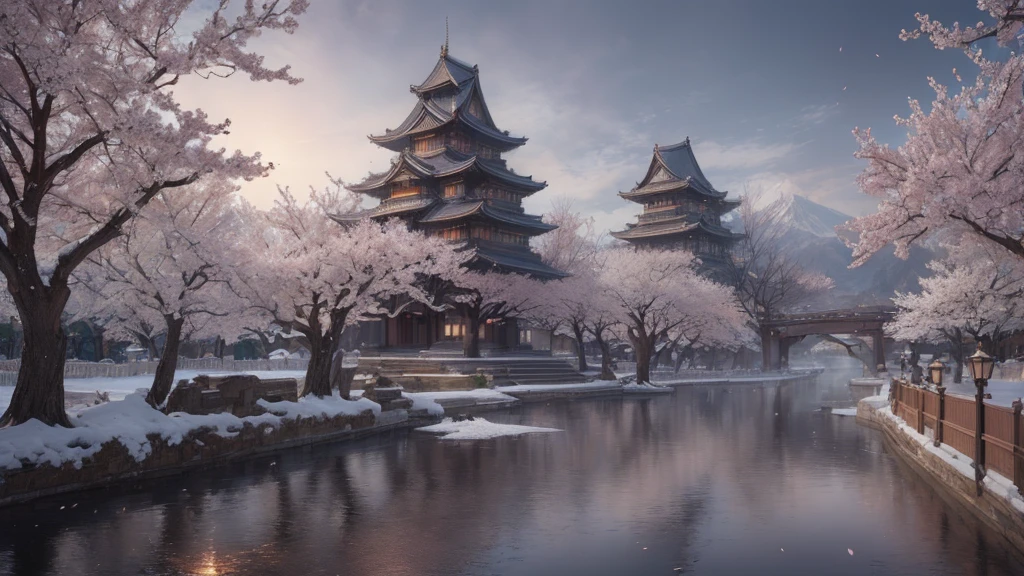 masterpiece, Highest quality, (Highly detailed CG Unity 8k wallpaper), (Highest quality), (Best illustrations), (Best Shadow), Absurd, Realistic lighting, (abyss), Beautiful sparkle, art:PeterMohrBacher, cherry blossoms Japanese Castle