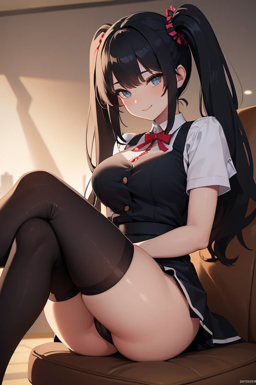 a beautiful young woman with a mischievous smile, sitting with her legs apart revealing her panties, seductive wink, wearing a mini skirt, long thick thighs, large buttocks, , twin tails, black hair, looking down at the viewer, photorealistic, 4k, hyperdetailed, masterpiece, high quality, glossy, dramatic lighting, vivid colors, cinematic