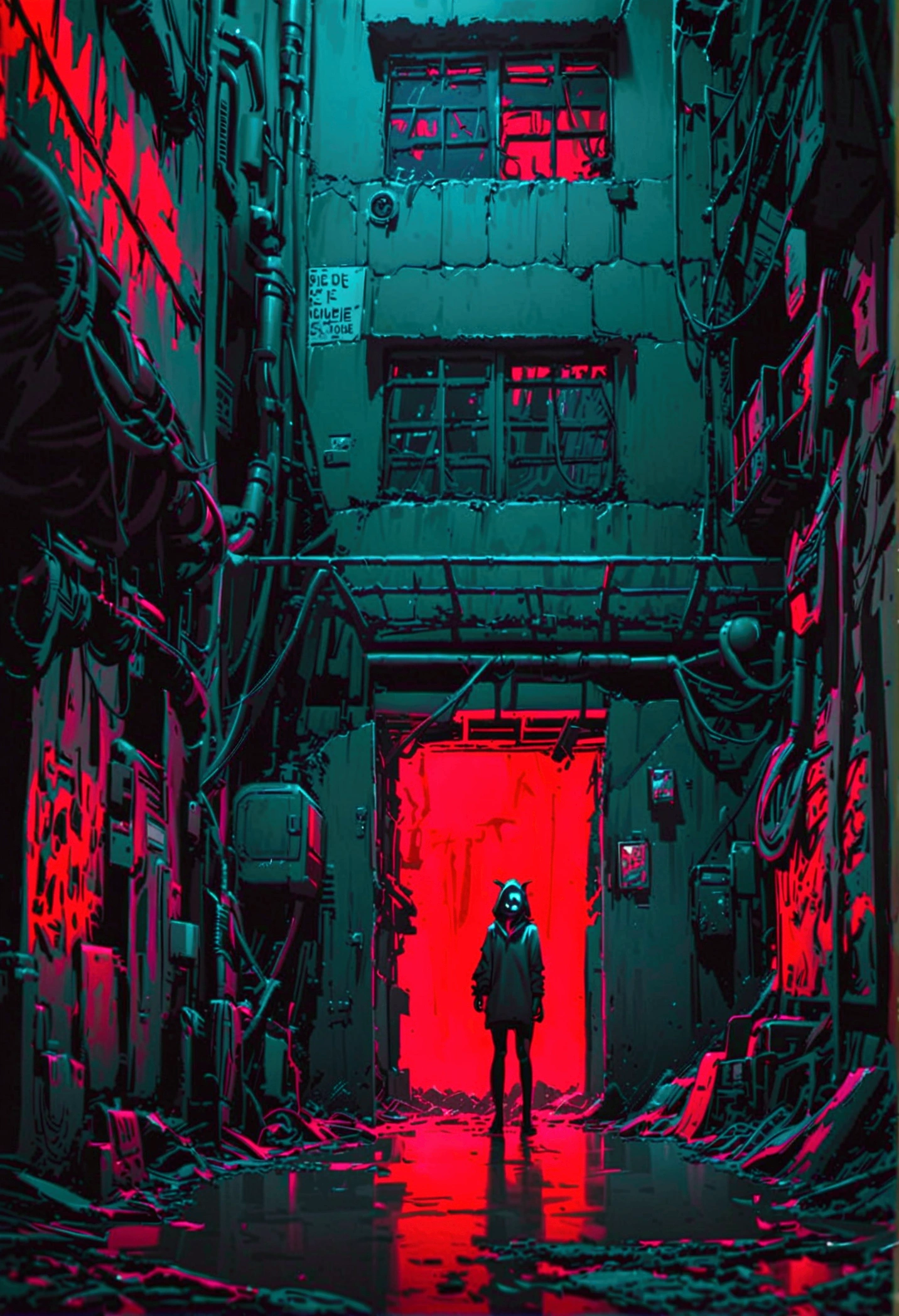 there is a woman standing in a dark room with a red door, creepy art style, by Liam Wong, cyberpunk horror style, creepy and gloomy art style, inspired by Liam Wong, dark illustration, dark cyberpunk illustration, high contrast dark concept art , detailed horror artwork 4k, horror concept art, dark and horror style, dan mumford tom bagshaw, dark concept art