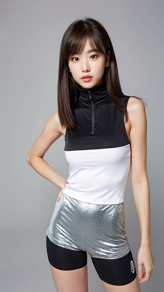 vivid,Normal chest,((between legs)),cute,(Detailed face),Sharp Eyes,Turtleneck sleeveless sporty lightweight(Silver)Clothes,Ultra-high resolution,(Photorealistic:1.7),Black long hair,Gray background,