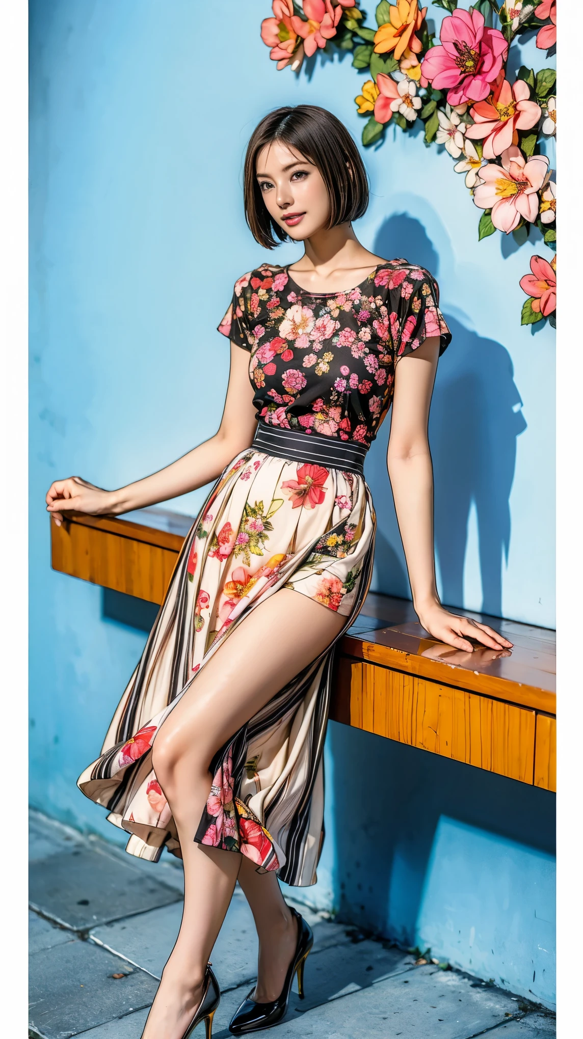 ((masterpiece)),(((Highest quality))),Thin thighs,Long legs,whole body:1.5,(One Girl:1.3),(Black high heels:1.3),(Wearing a floral striped mid-long flared skirt dress:1.2),Short blonde hair:1.2、Model pose with legs spread wide:1.5,Bright expression:1.5