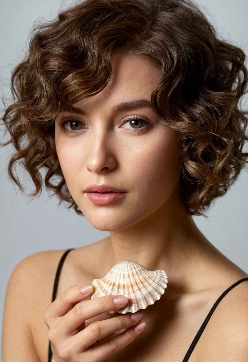 A woman with short wavy hair , masturbating with shell