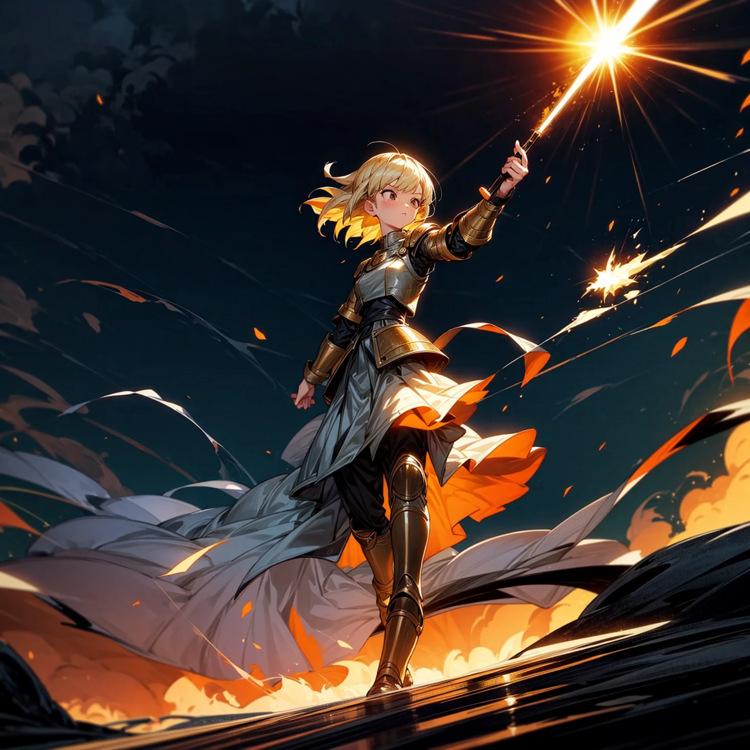 1girl, Full body version, 1character, girl version, black eyes color, bob Curly haircut, blonde colour hair, army style clothing, long skirt, long boots, iron armor, gold knife in hand, Grassroots, background in beach, motion blur, (dragon ball style art), standing gesture, (high angle view) , aura effect, lighting aura, smoke effect, lighting sun, sun, plasma effect, smoke effect, fire, lighting knife