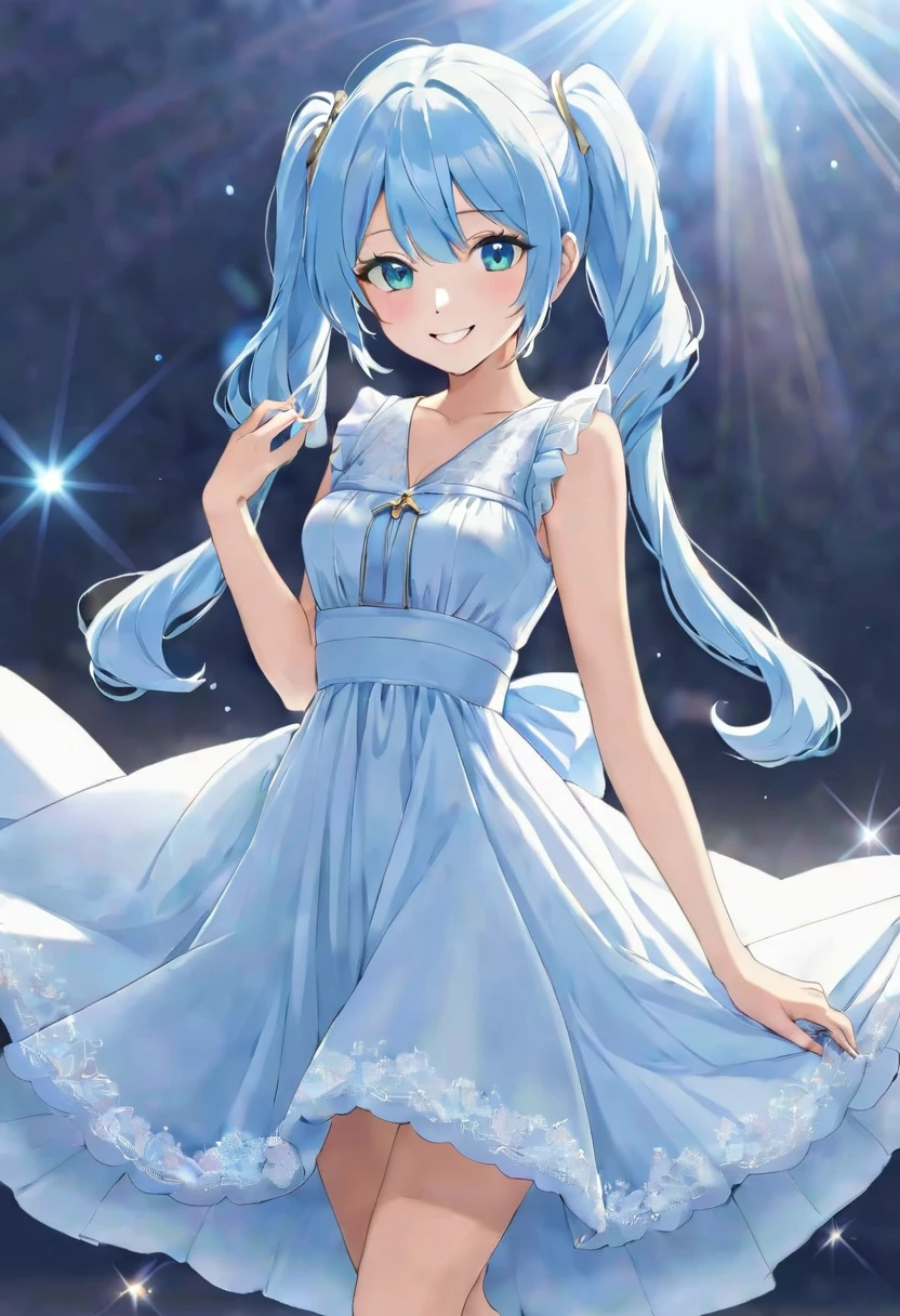 A shining ring placed in the center、Beautiful girl looking at the ring、Great smile、Bright smile、White half dress、Light blue long dress、Beautiful girl with twin tails