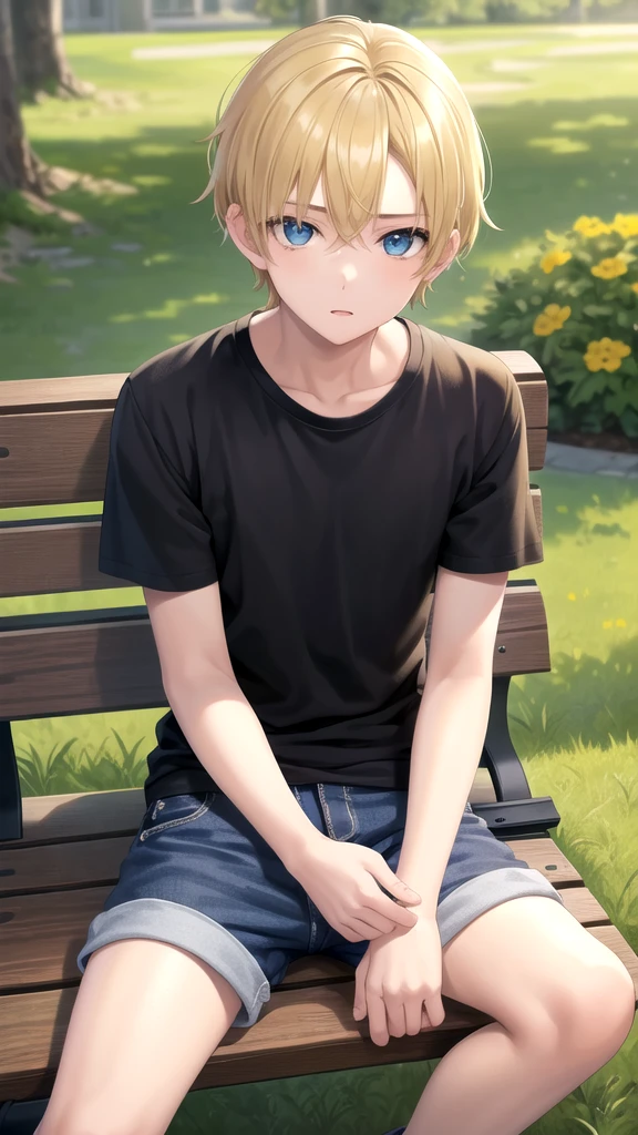 masterpiece, best quality, high quality, ,dark forsest, 1boy, solo, 14-year-old boy,male focus, looking at viewer , blonde hair,black T-shirt ,blue jean shorts, blue eyes, sitting on a bench 