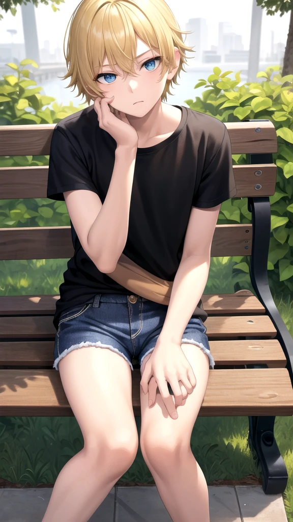 masterpiece, best quality, high quality, ,dark forsest, 1boy, solo, 14-year-old boy,male focus, looking at viewer , blonde hair,black T-shirt ,blue jean shorts, blue eyes, sitting on a bench