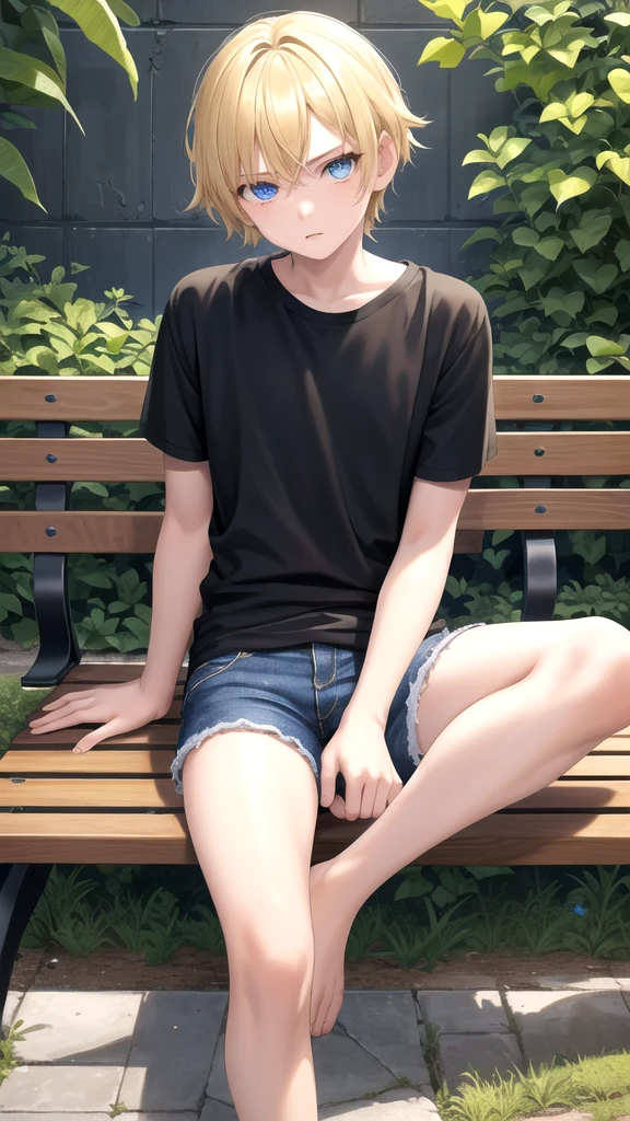 masterpiece, best quality, high quality, ,dark forsest, 1boy, solo, 14-year-old boy,male focus, looking at viewer , blonde hair,black T-shirt ,blue jean shorts, blue eyes, sitting on a bench