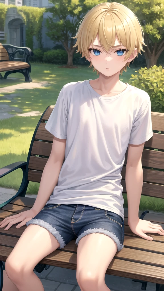 masterpiece, best quality, high quality, ,dark forsest, 1boy, solo, boy,male focus, looking at viewer , blonde hair,black T-shirt ,blue jean shorts, blue eyes, sitting on a bench