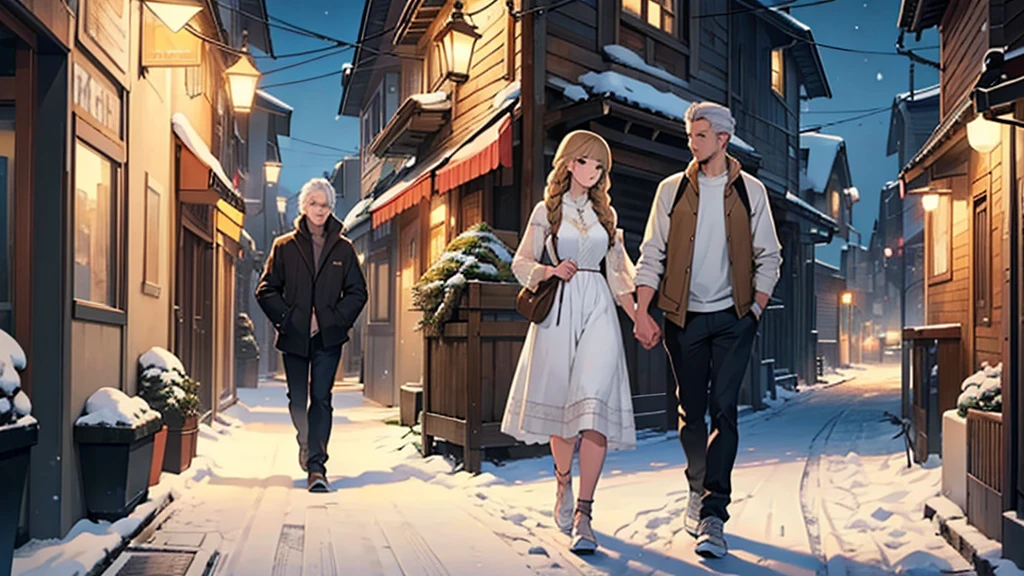((best quality)), ((work of art)), ((detailed)), man with white hair, casual clothes, accompanied by two women: one with brown hair and bangs, and the second woman with blonde hair in braids, both wearing white dresses, walking at night on a snowy street