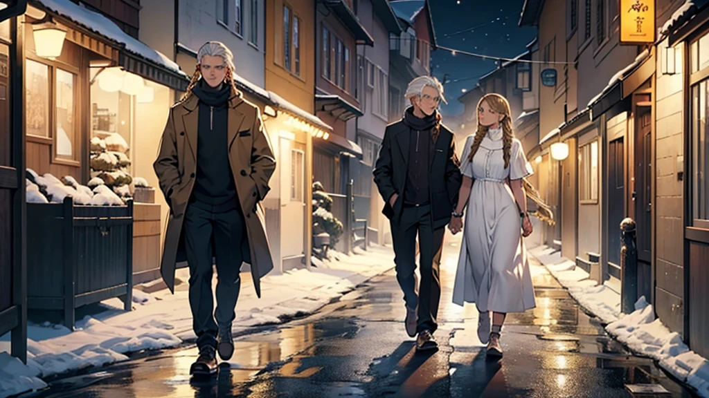 ((best quality)), ((work of art)), ((detailed)), man with white hair, casual clothes, accompanied by two women: one with brown hair and bangs, and the second woman with blonde hair in braids, both wearing white dresses, walking at night on a snowy street