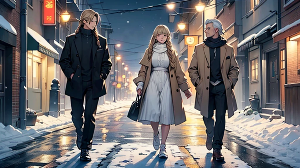 ((best quality)), ((work of art)), ((detailed)), man with white hair, casual clothes, accompanied by two women: one with brown hair and bangs, and the second woman with blonde hair in braids, both wearing white dresses, walking at night on a snowy street