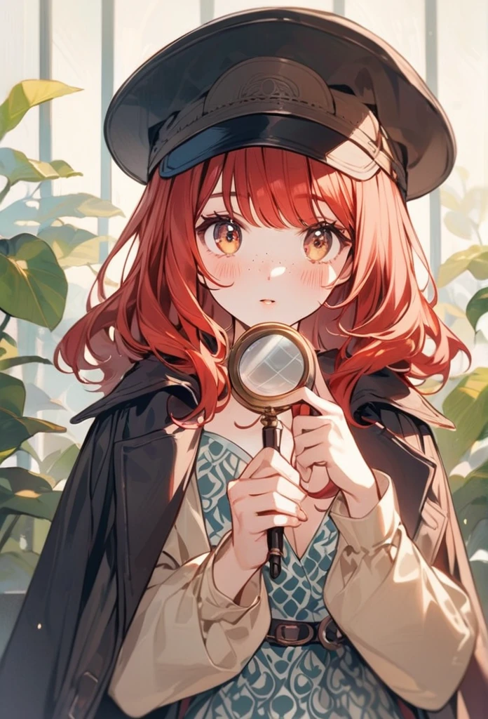 young woman,25 year-old,(red hair, freckles, big eyes,)She wears a detective's hat and a coat over a patterned dress, exuding an air of intelligence and curiosity. In her hand, she holds a magnifying glass over her cleavage, ready to unravel mysteries. The scene is depicted in soft, gentle colors, enhancing the illustration's charm.