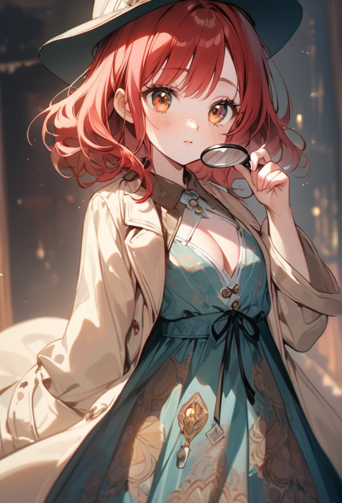 young woman,25 year-old,(red hair, freckles, big eyes,)She wears a detective's hat and a coat over a patterned dress, exuding an air of intelligence and curiosity. In her hand, she holds a magnifying glass over her cleavage, ready to unravel mysteries. The scene is depicted in soft, gentle colors, enhancing the illustration's charm.