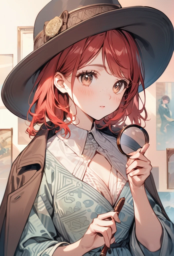 young woman,25 year-old,(red hair, freckles, big eyes,)She wears a detective's hat and a coat over a patterned dress, exuding an air of intelligence and curiosity. In her hand, she holds a magnifying glass over her cleavage, ready to unravel mysteries. The scene is depicted in soft, gentle colors, enhancing the illustration's charm.