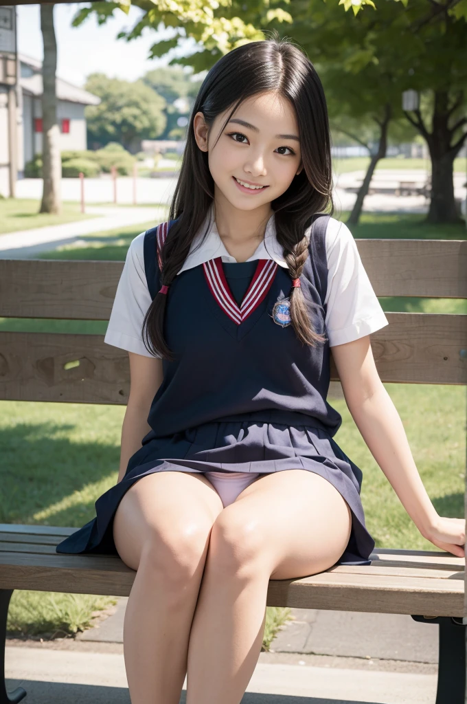 Pure Japanese school girl, sexual attractive, outstanding body, beautiful legs, wearing loose uniform, panty, sweet smile, sitting on bench, refreshing in early summer morning, composition from the front, 