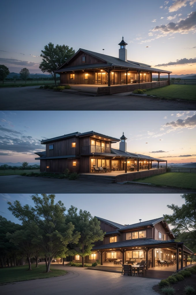 Resort with restaurant, restaurant with wood and metal texture with landscape to the horizon, horizon with twilight and sunset on the farm in high quality with details and high resolution, 8k UHD