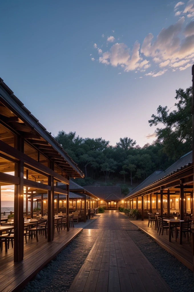 Resort with restaurant, restaurant with wood and metal texture with landscape to the horizon, horizon with twilight and sunset on the farm in high quality with details and high resolution, 8k UHD