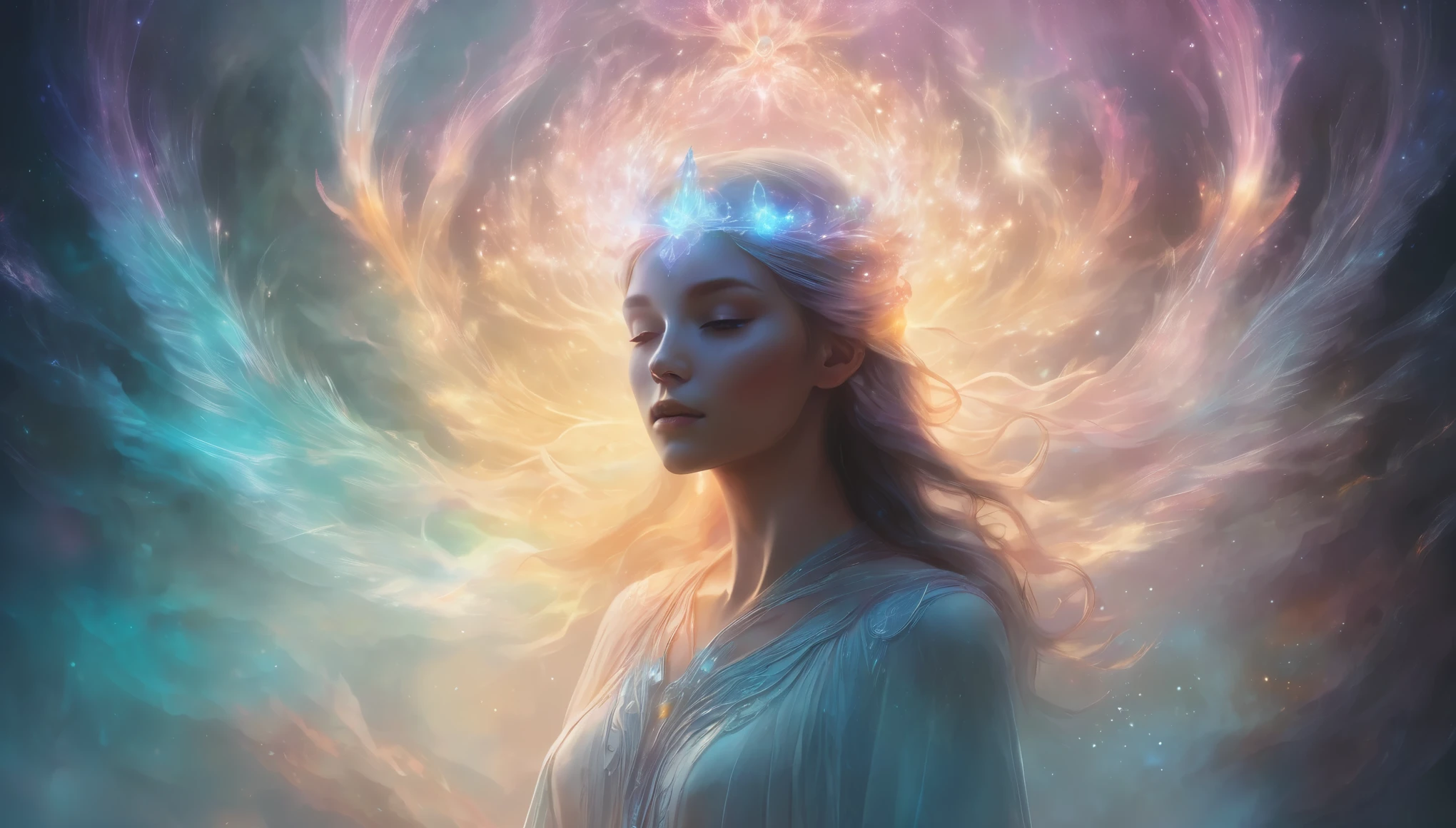 Ethereal figure with glowing aura, surrounded by whispering spirits, mystical atmosphere, soft lighting, dreamy color palette, digital art style, highly detailed