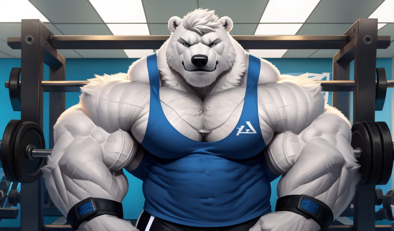 Brock Ólafsson The Huge Muscled Polar Bear, with White Hair, Blue Tank Top, Black Wristbands and Black Gym Shorts, Flexing His Thorax.