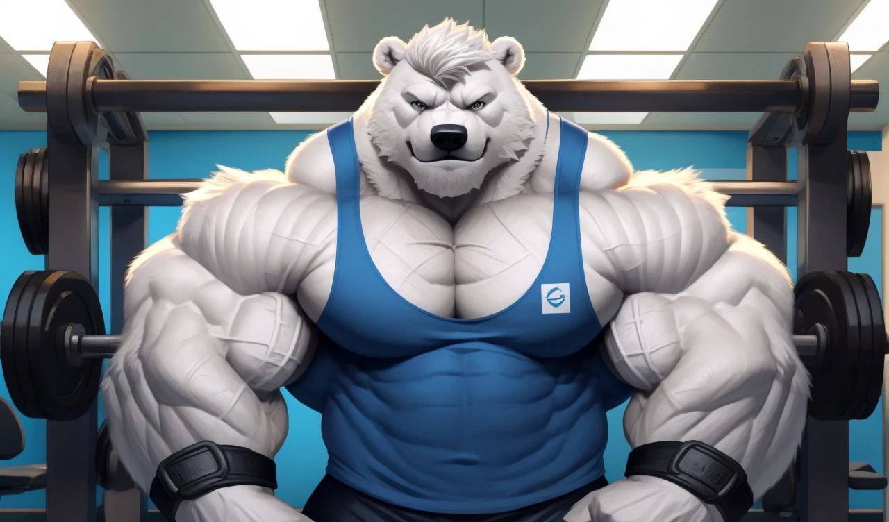 Brock Ólafsson The Huge Muscled Polar Bear, with White Hair, Blue Tank Top, Black Wristbands and Black Gym Shorts, Flexing His Thorax.