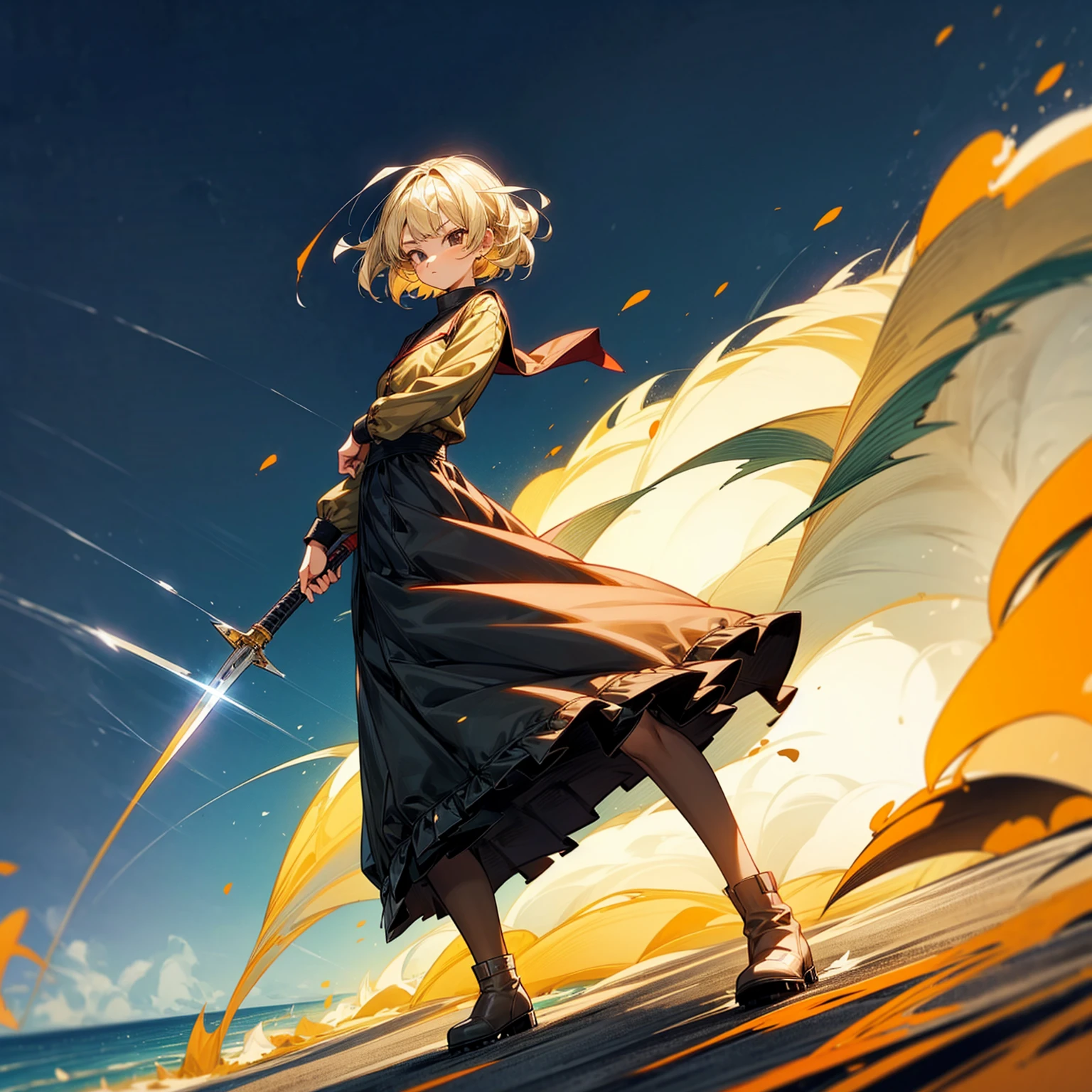 1girl, Full body version, 1character, girl version, black eyes color, bob Curly haircut, blonde colour hair, army style clothing, long skirt, long boots, knife in hand, Grassroots, background in beach, motion blur, (dragon ball style art), standing gesture, (high angle view)