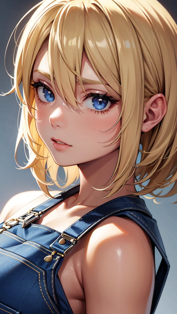 detailed face and skin texture, Beautiful woman, medium blonde hair, overalls