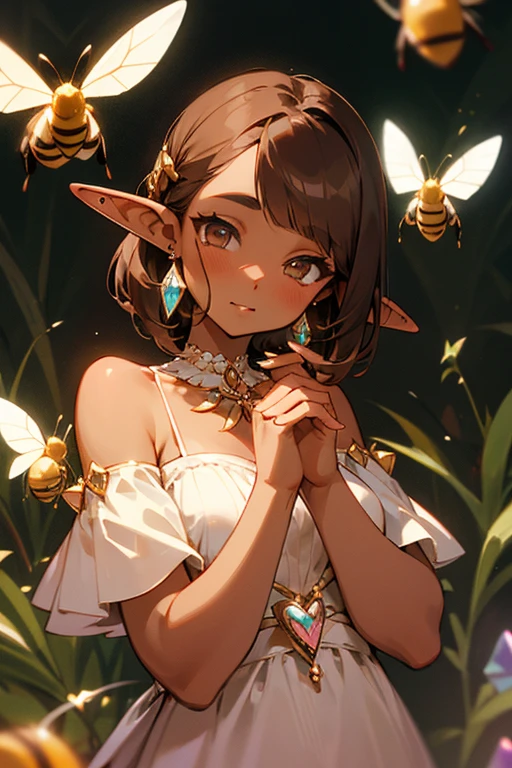 elf dark skin shoulder-length brown hair with straight bangs, chubby complexion dressed in a romantic pastel colored dress with piercings in her ears and a heart crystal in her hands with bees around