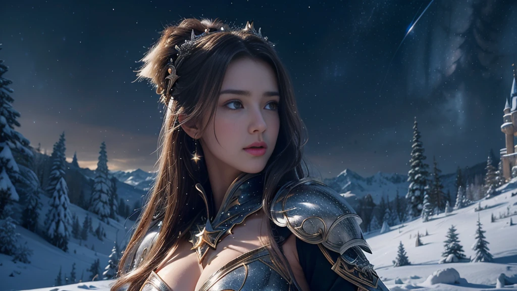 masterpiece, rest, best quality, Very detailed, Super real, 16K, high resolution, castle,snow, ((Starry Sky)),Female Warrior,Gorgeous armor,Complex Mode,Large ,Pretty Face,dramatic,Half-length photo