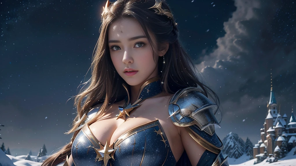 masterpiece, rest, best quality, Very detailed, Super real, 16K, high resolution, castle,snow, ((Starry Sky)),Female Warrior,Gorgeous armor,Complex Mode,Large Breasts,Pretty Face,dramatic,Half-length photo